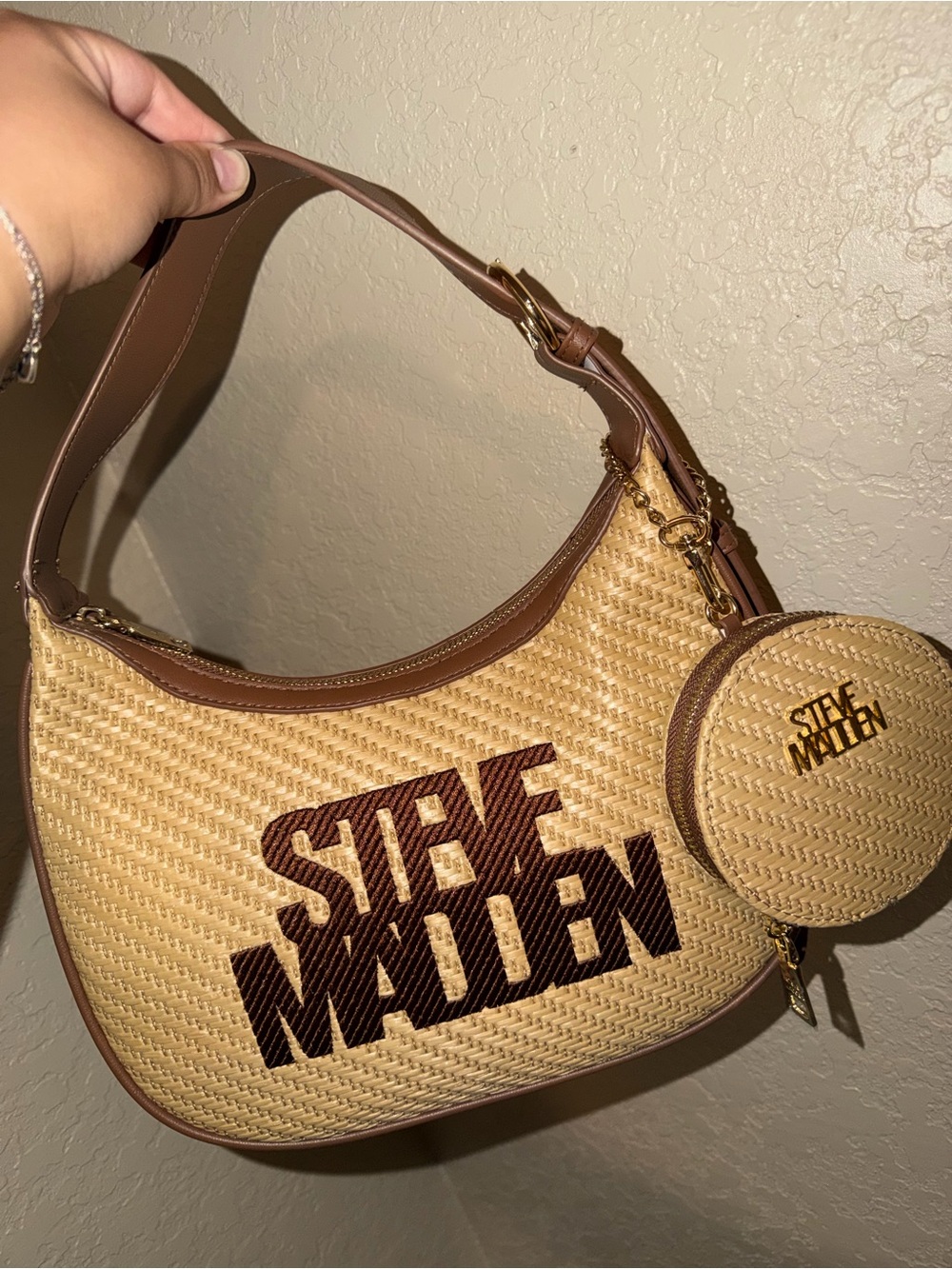 Steve Madden Tan Woven Shoulder Bag with Brown Trim and Coin Pouch